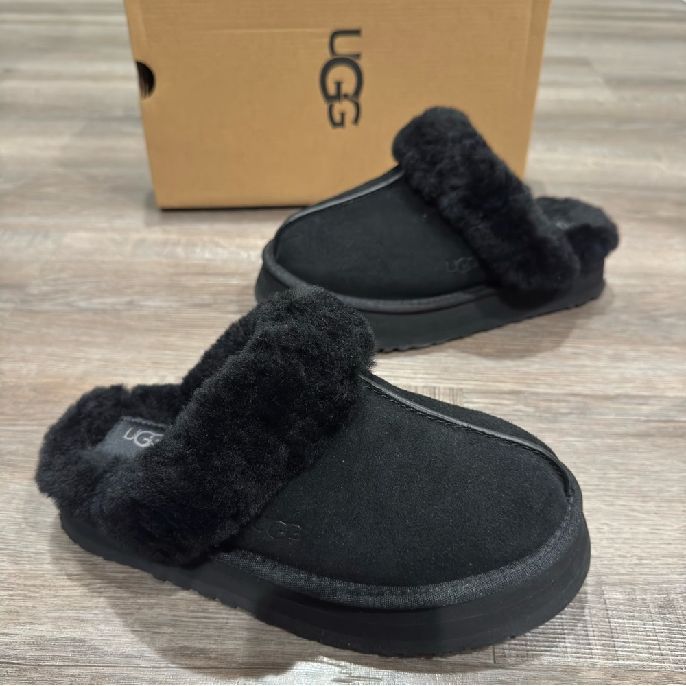 UGG Disquette Black Suede Platform Mule Slippers